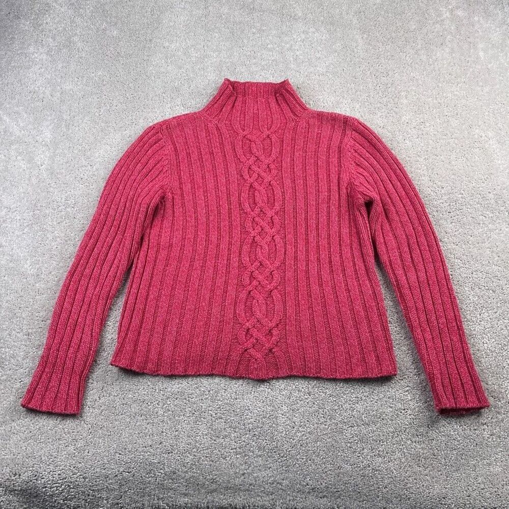 LL Bean Sweater‎ Womens Small Pink Cable Knit Chunky High Neck Pullover Cotton